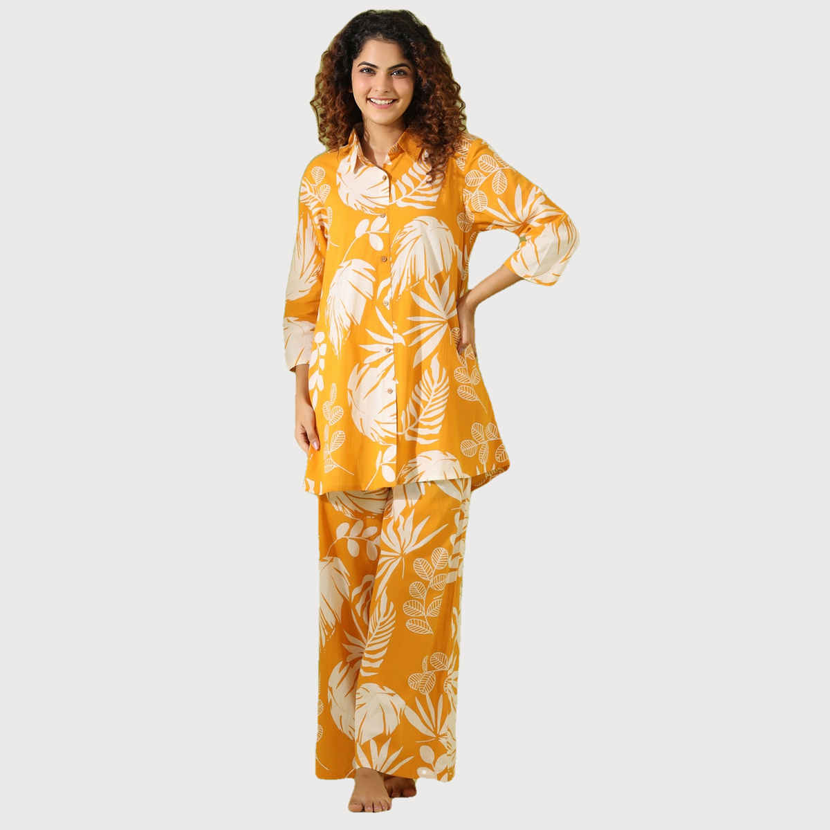Sanskrutihomes Tropical Printed Pure Cotton Night Suit | Yellow - White | L