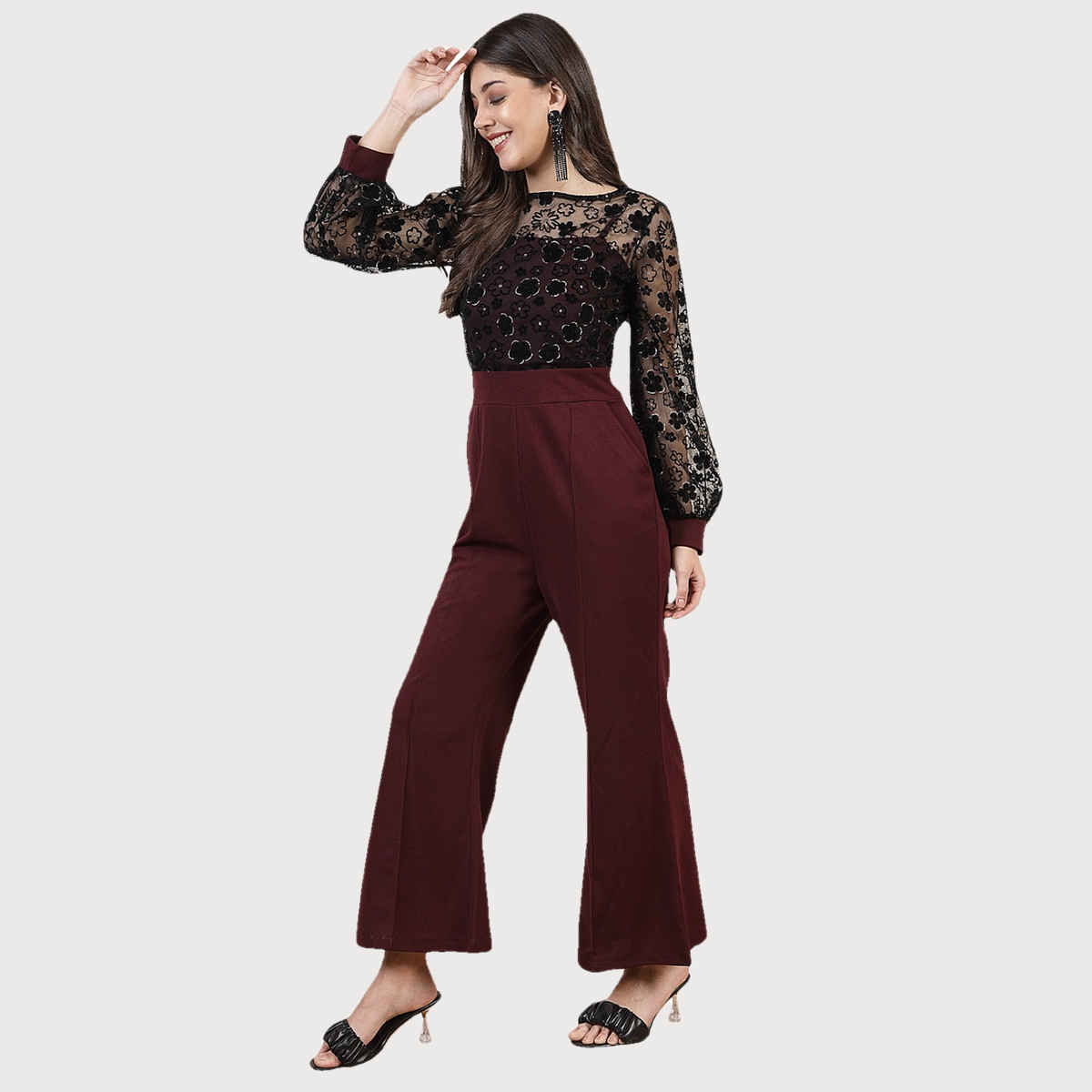 Athena Women's Floral Self Design Embellished Basic Jumpsuit | Maroon and Black - S
