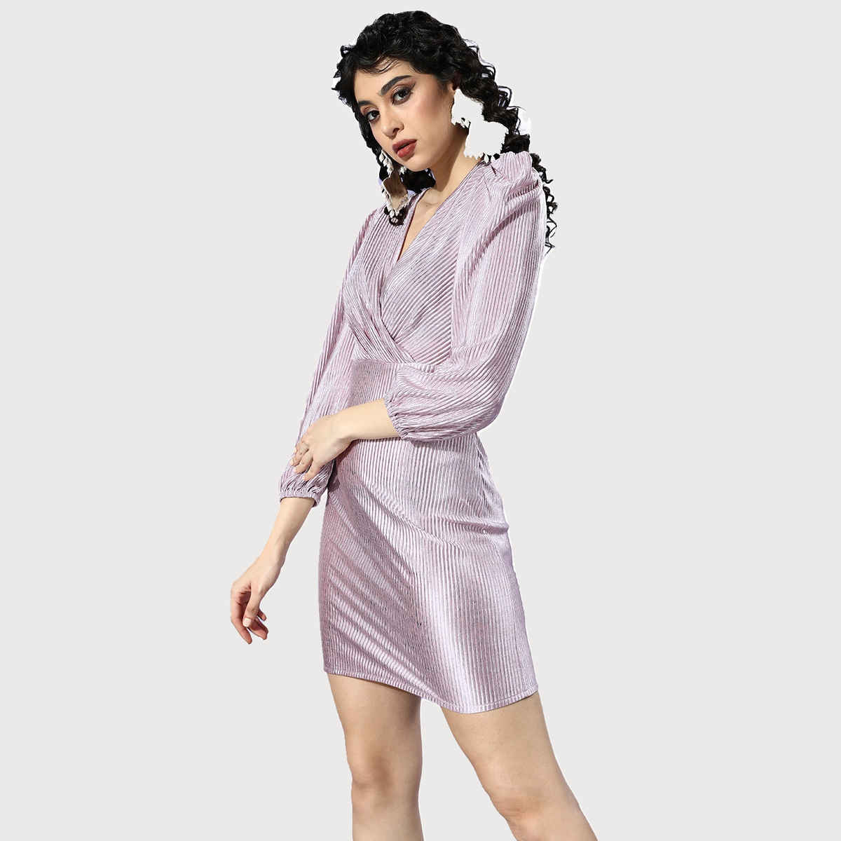 Athena Lavender Solid Accordion Pleats Wrap Dress Lavender L