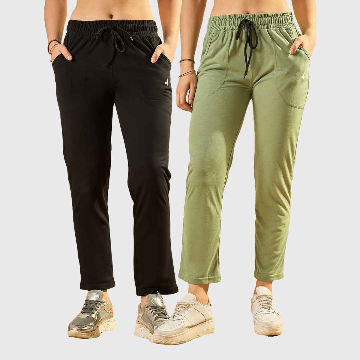 Modeve Women's Cotton Blend Solid Track Pant for Summer | Pista and Black | M