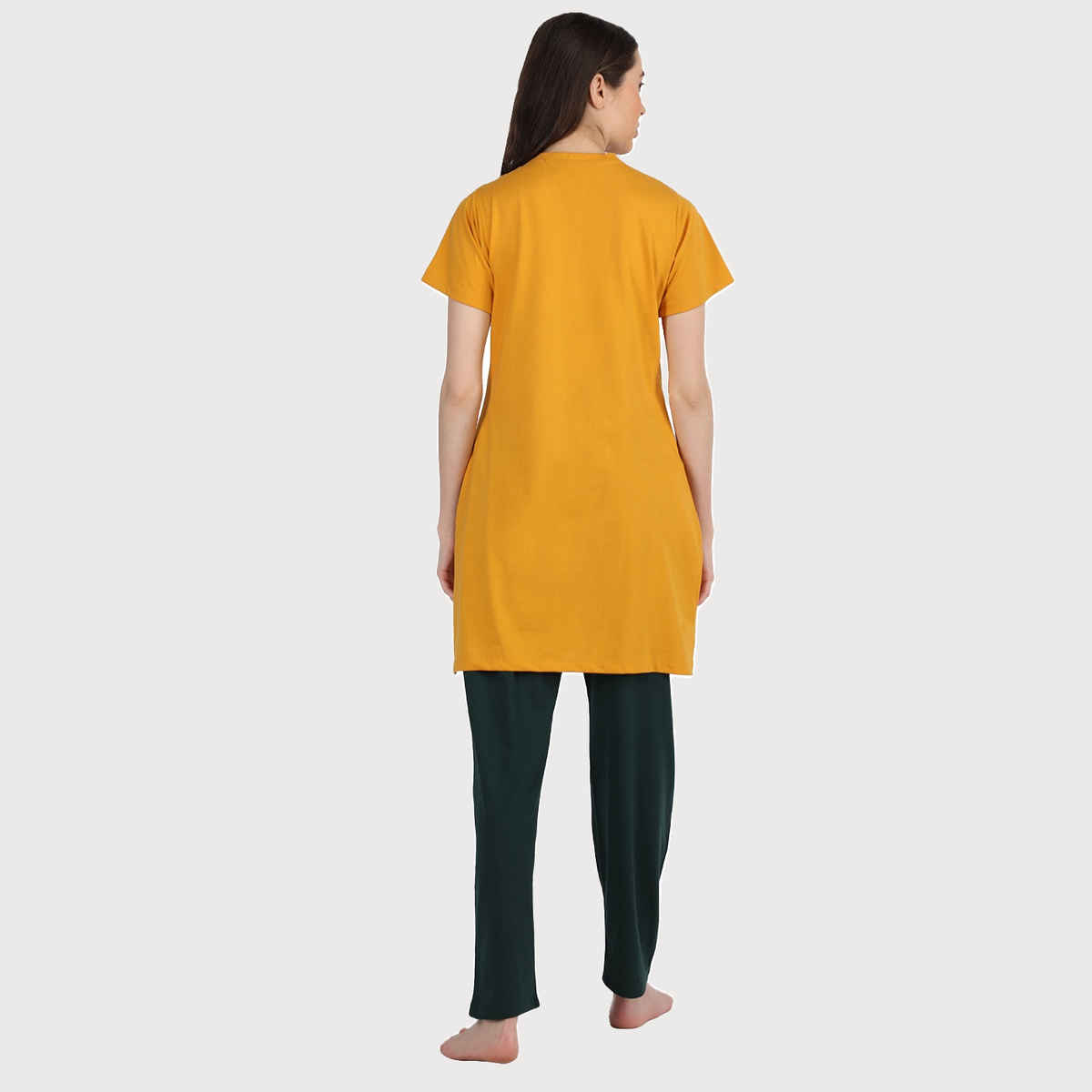 Duchess Women s Cotton Regular Fit Printed-Embroided Long Night Suit Set | Mustard-Olive | 2XL