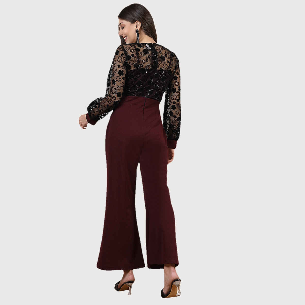 Athena Women's Floral Self Design Embellished Basic Jumpsuit | Maroon and Black - S