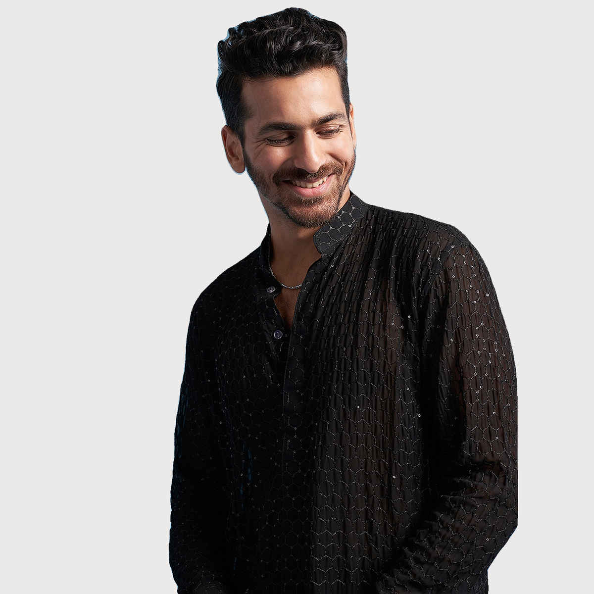 Vastramay Men's Georgette Kurta | Black - M