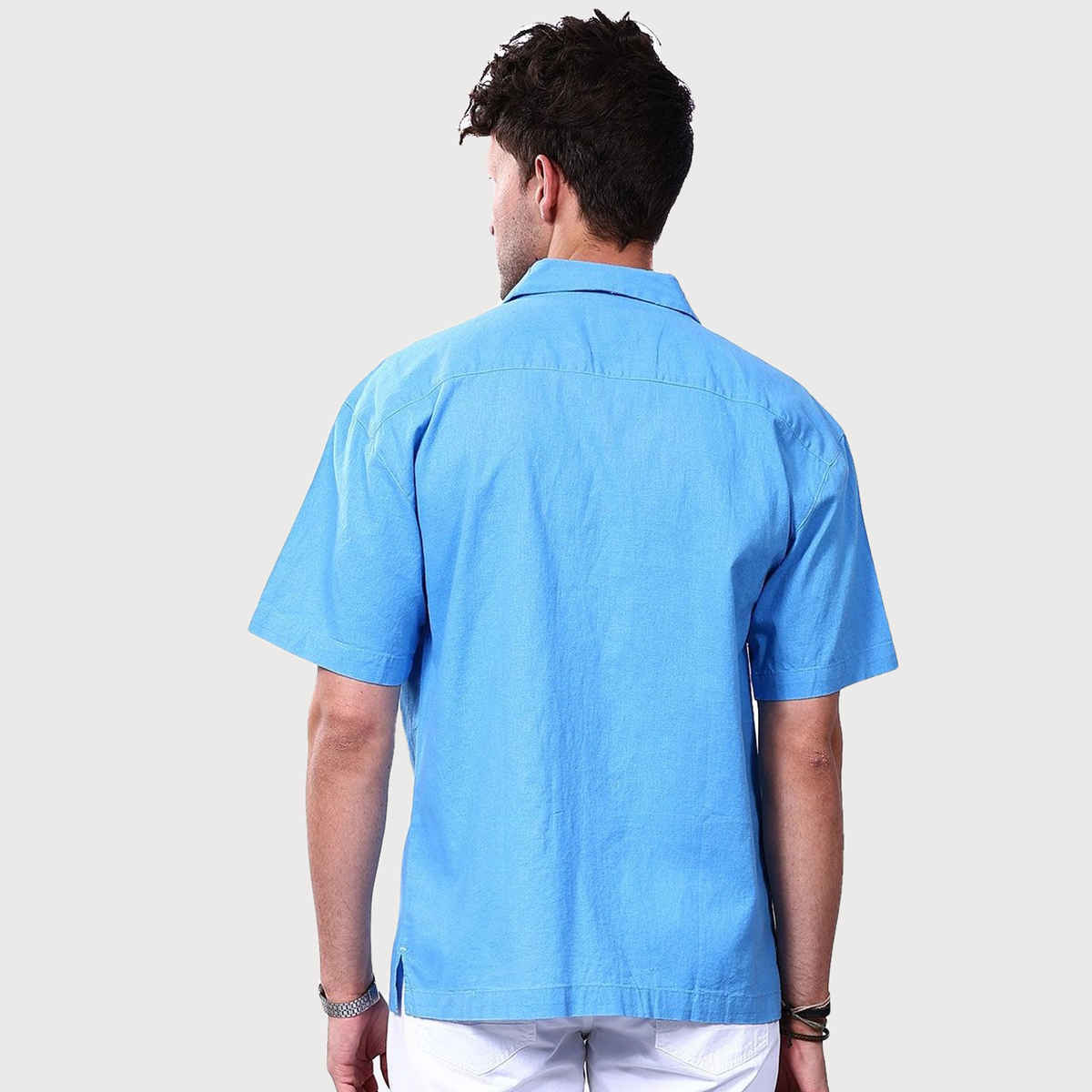 The Indian Garage Co Men's Relaxed Fit Solid Resort Wear Half Sleeve Shirt | Tranquil Blue - L