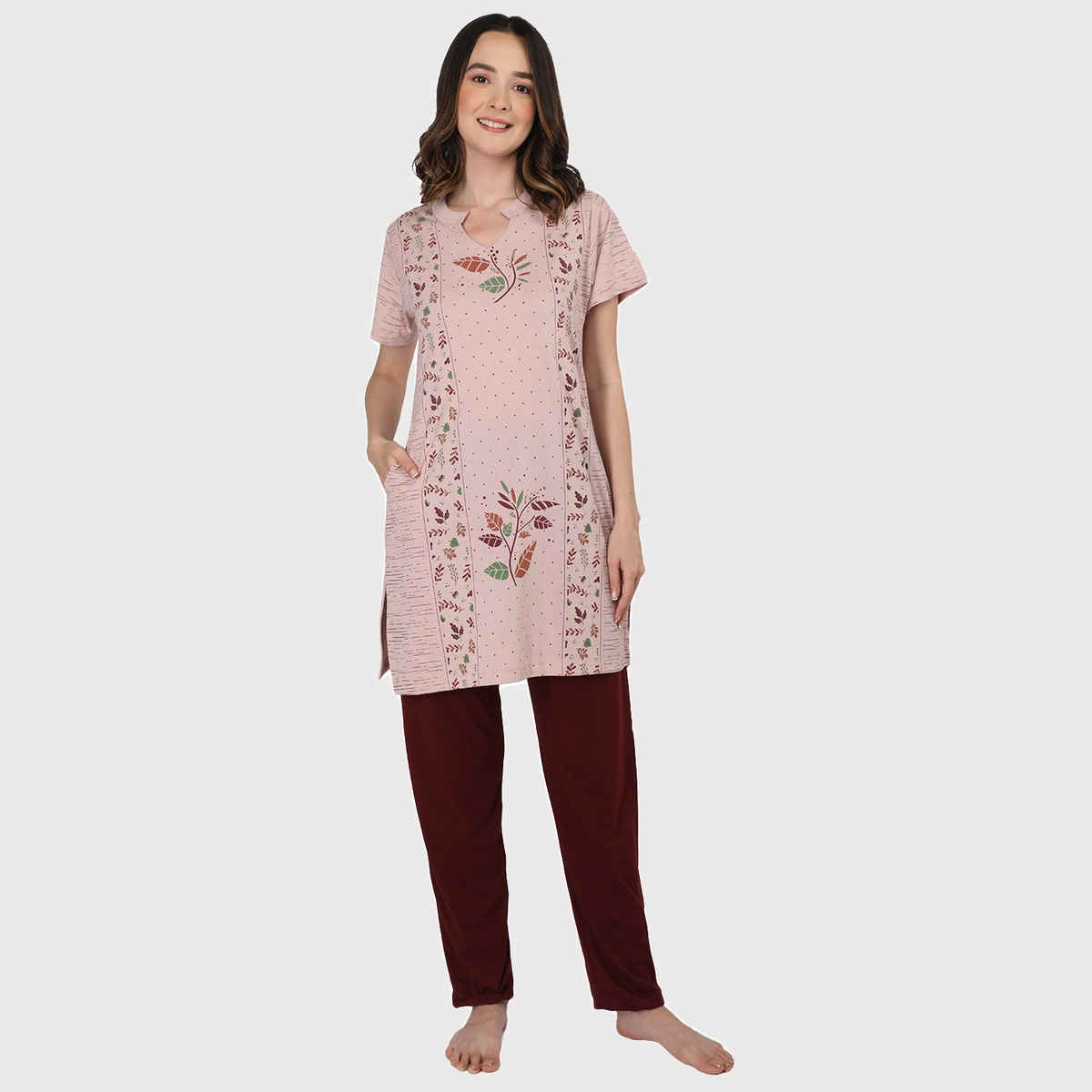 Duchess Women s Cotton Regular Fit Printed Embroided Long Length Night Suit Set | Mouse-Maroon | L