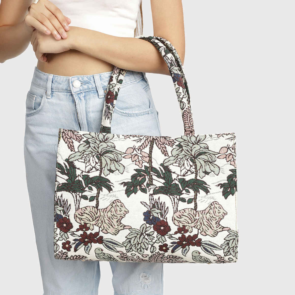 Mini Wesst Women's Floral Faux Leather 20 L Double Handle Tote Bag | Black and White - Regular