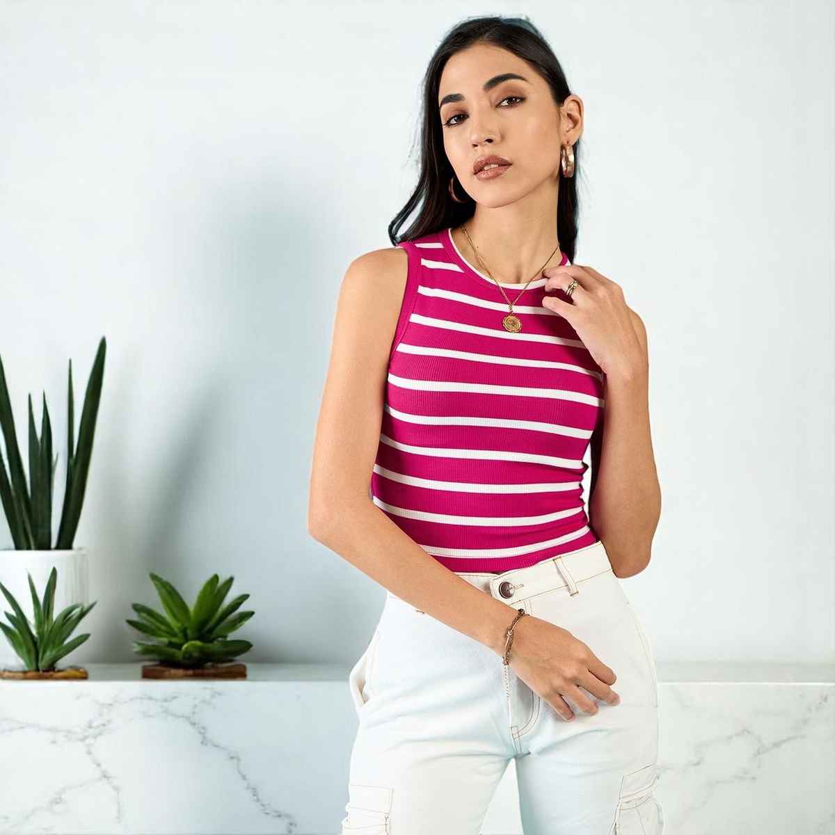 Uptownie Women's Stretchable Ribbed Sleeveless Crop Top | 120018867 | Pink | S