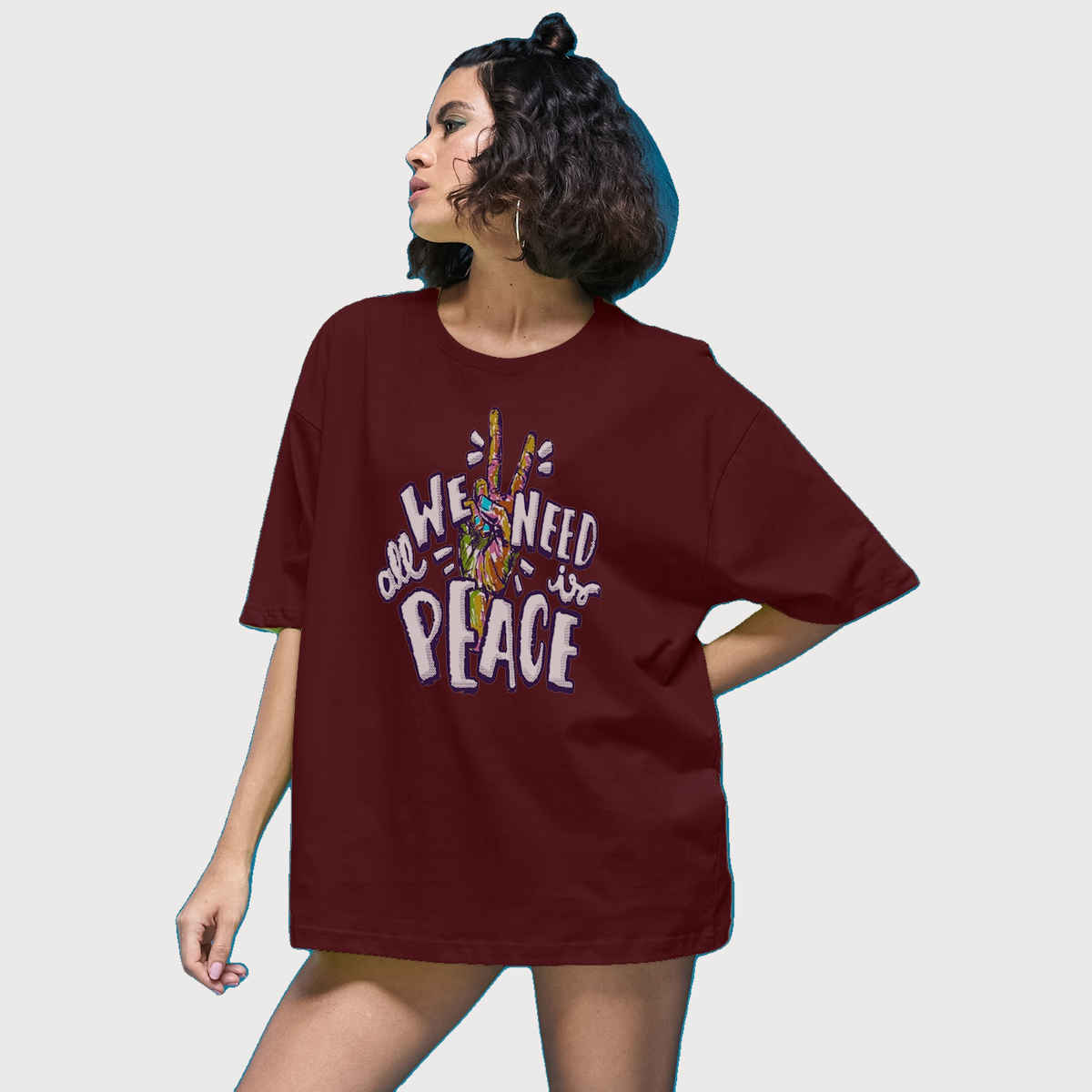 Smartees Womens Oversize Printed T-shirt | WW - 2055 | Maroon - S