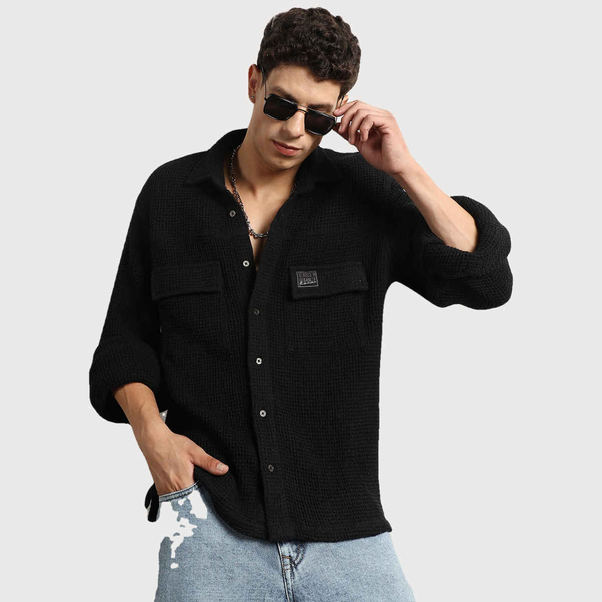 Hubberholme Men's Oversized Cotton Casual Waffel Double Pocket Full Sleeve Shirt | Black - 38
