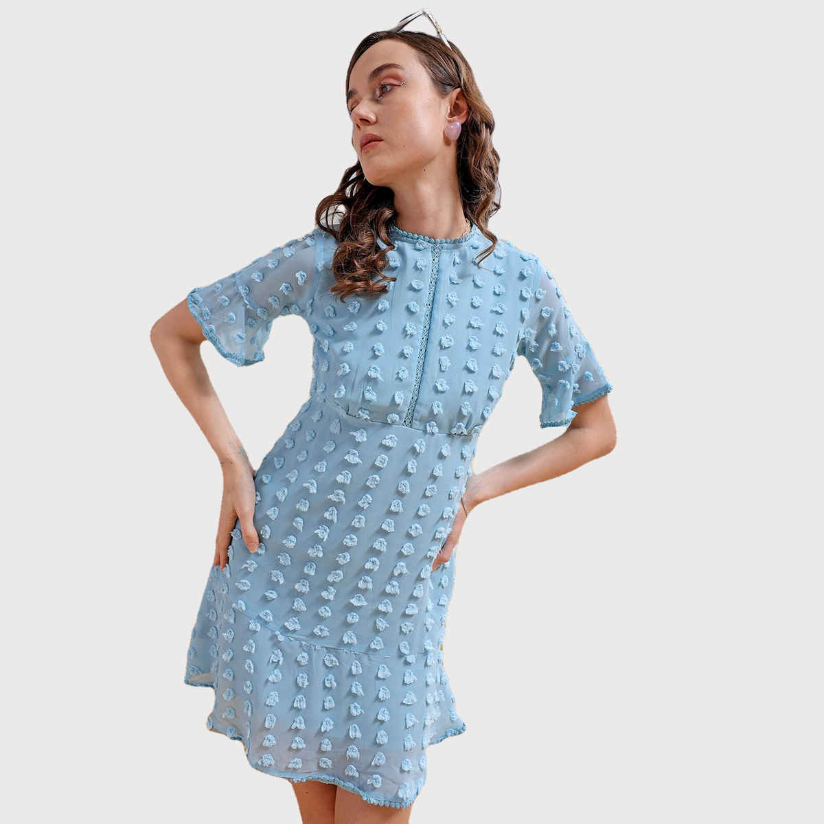 Freehand Women's Fit and Flare Textured Casual Mini Dress | Blue - M