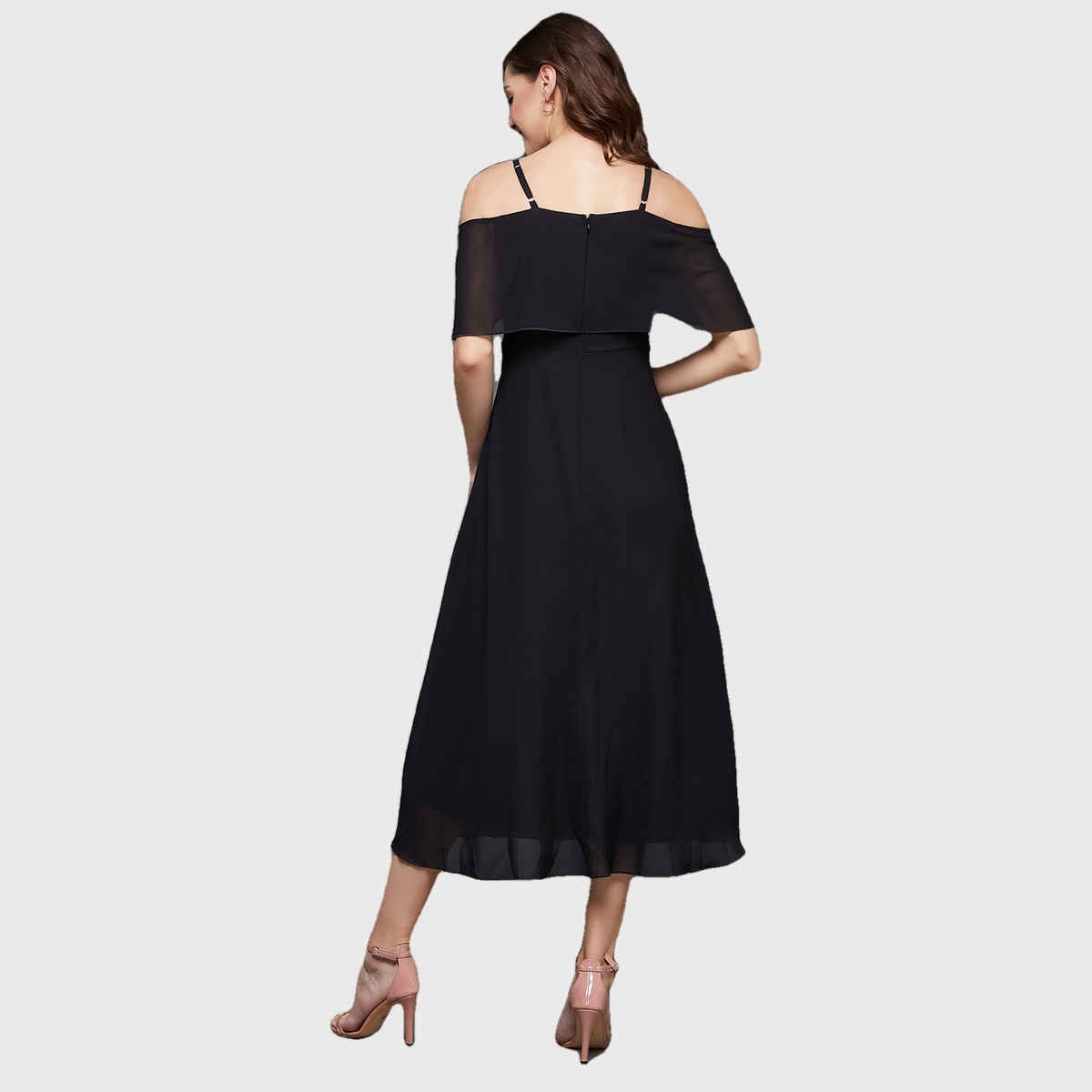 Miss Chase Women Bardot Style Sleeveless Spaghetti Strap Off Shoulder Midi Skater Dress | Black | S