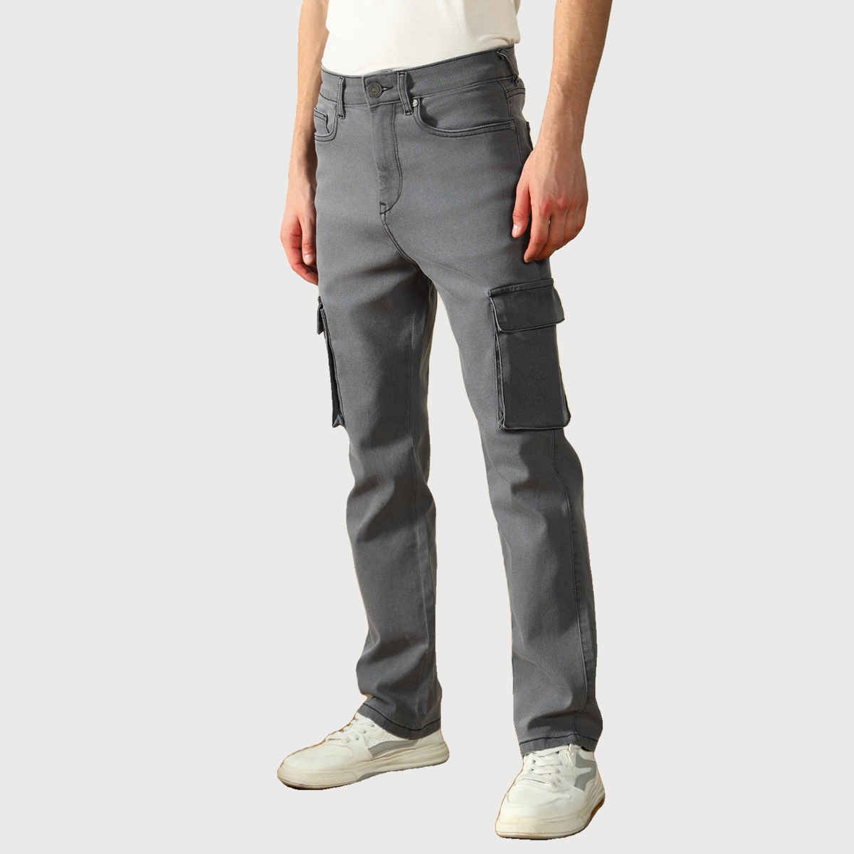 Dennis Lingo Men's Straight Fit Mid-Rise Dark Shade Cargo Jeans | DLMJNW23173 GR-32 | Grey - 32