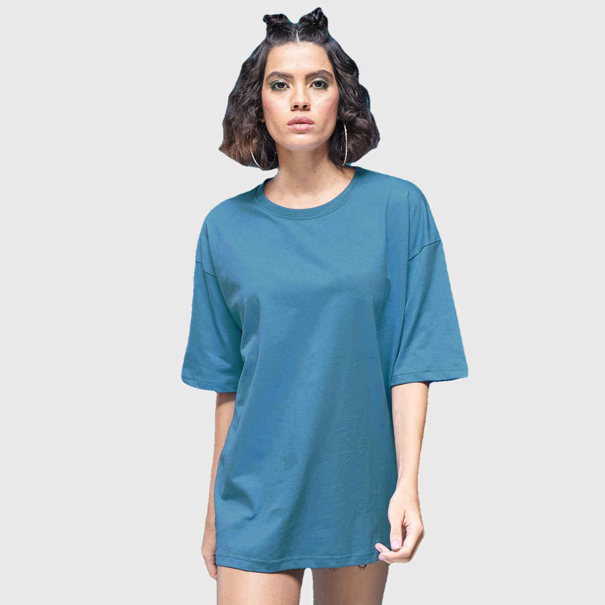 Smartees Women's Oversize Fit Printed T-shirt | Solid Airforce - L