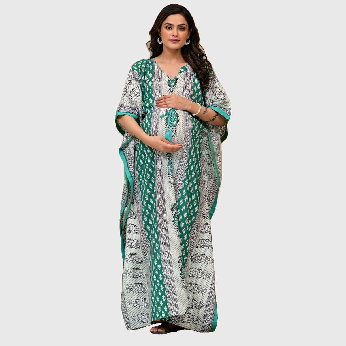 Aujjessa Green Multi Printed Front Zipper Maternity Feeding Kaftan | Free Size