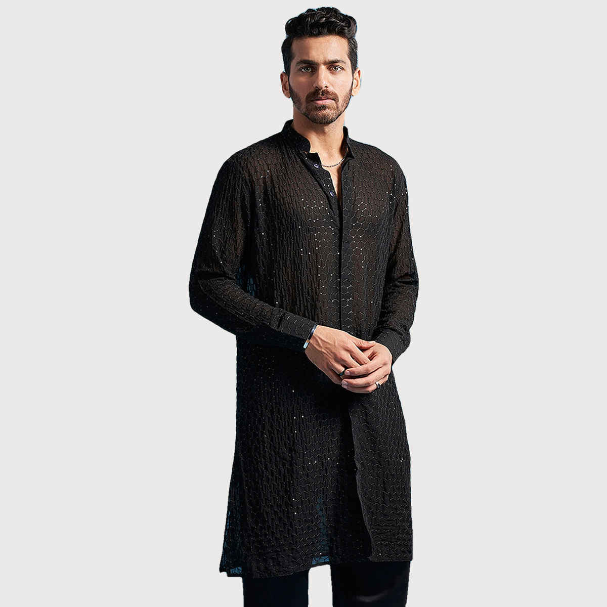 Vastramay Men's Georgette Kurta | Black - M