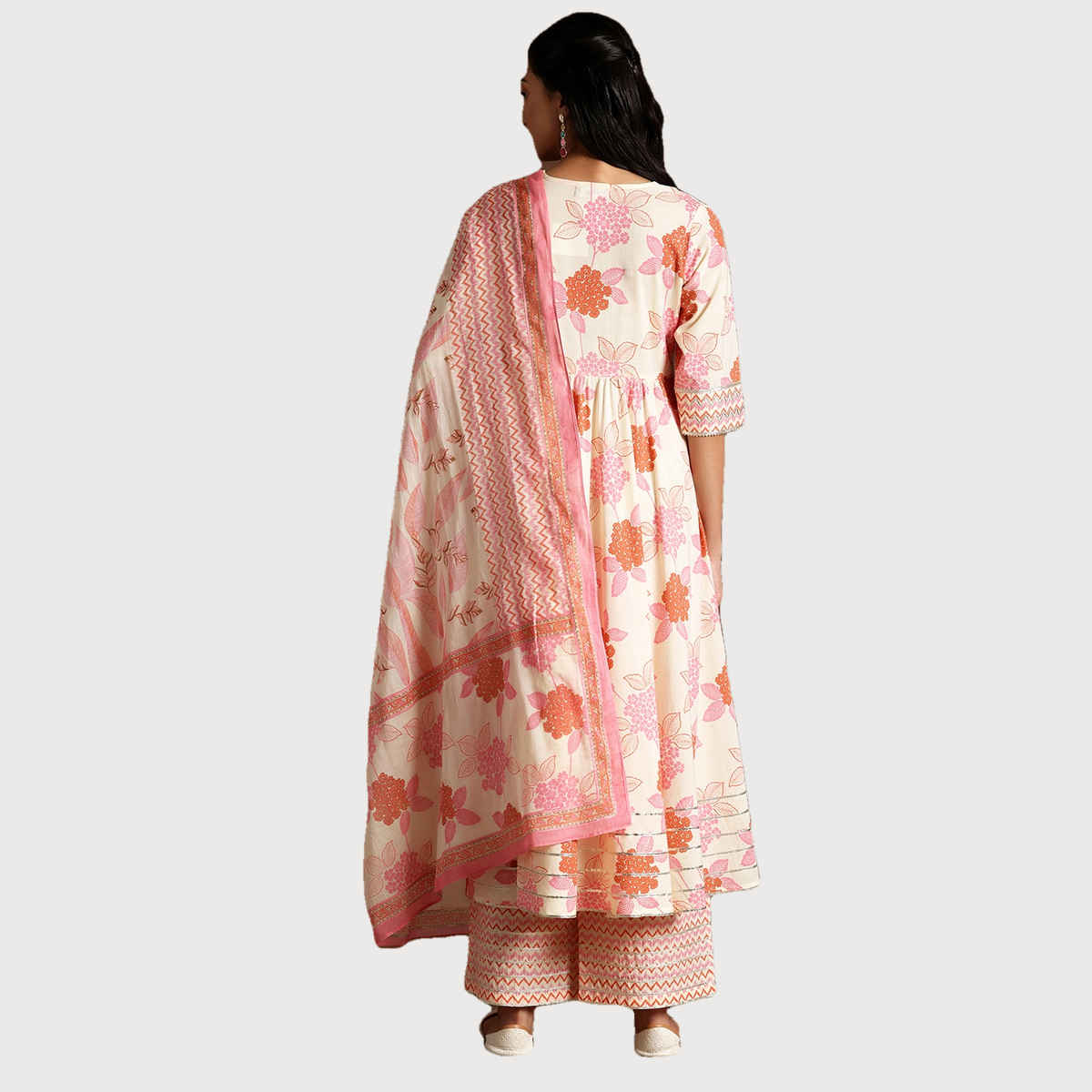 Libas Women's Orange Printed Cotton Anarkali Suit With Dupatta | XL