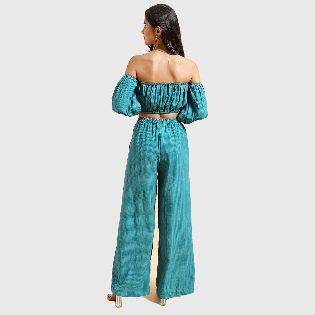 Ketch Women Checked Off Shoulder Crop Top Wide Leg Palazzo Co-ords | Green | XL