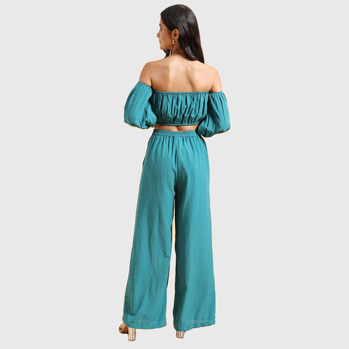 Ketch Women Checked Off Shoulder Crop Top Wide Leg Palazzo Co-ords | Green | M