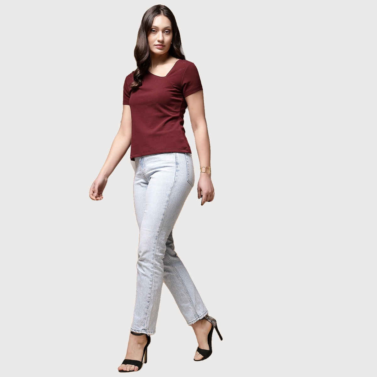 Freehand Women | Fitted Solid Casual Crop Top | Burgundy | L