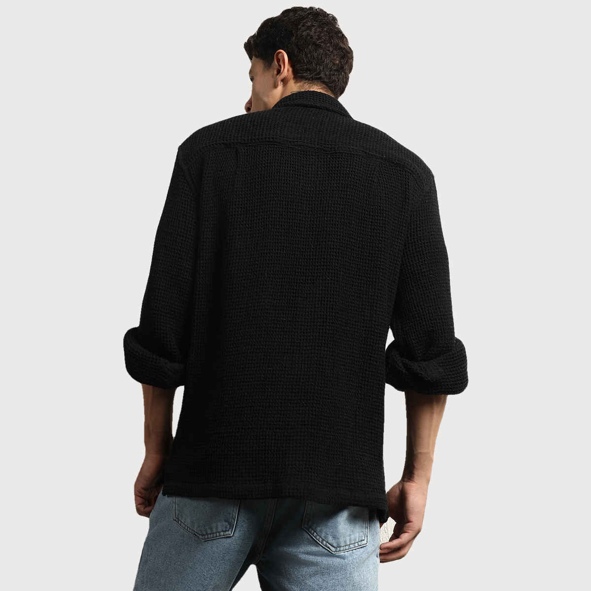 Hubberholme Men's Oversized Cotton Casual Waffel Double Pocket Full Sleeve Shirt | Black - 38
