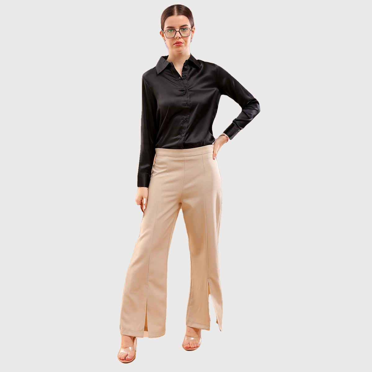 Freehand Women | Slim Solid Casual Solid Satin Shirt | Black | M