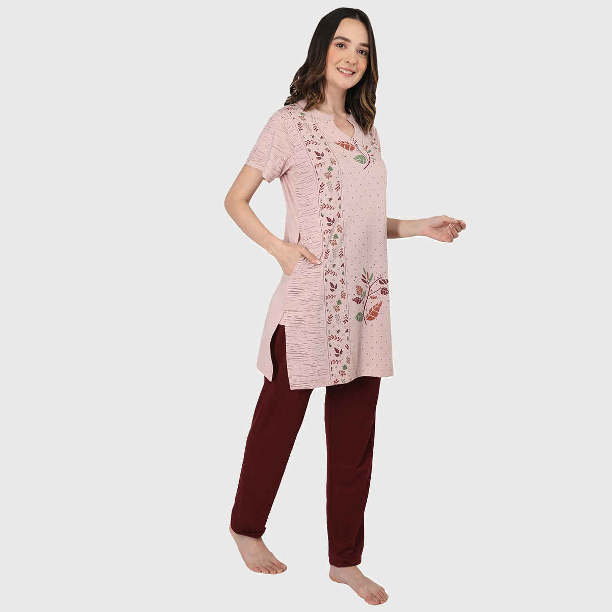 Duchess Women s Cotton Regular Fit Printed Embroided Long Length Night Suit Set | Mouse-Maroon | L