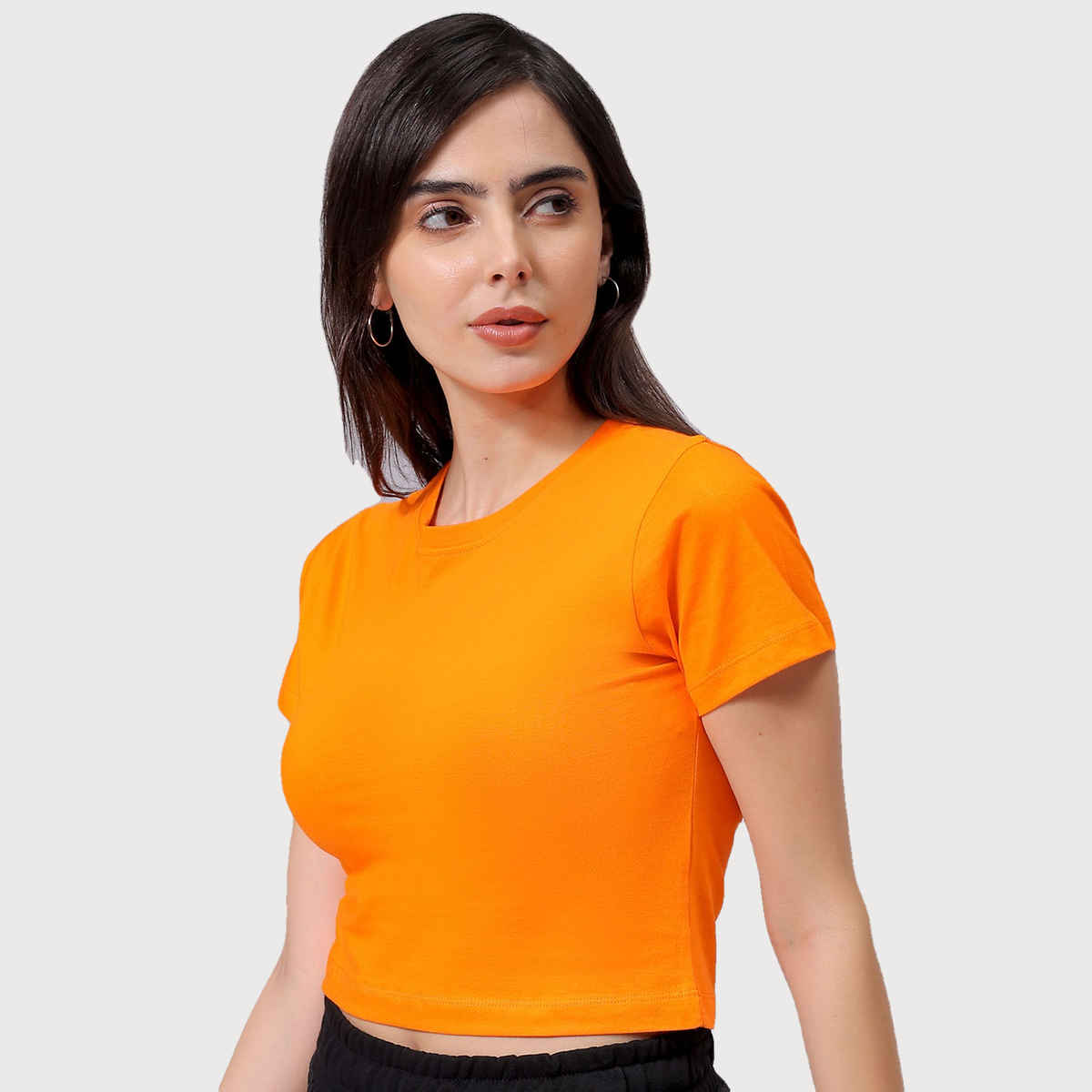 Freehand Women's Slim Solid Casual Cropped T-Shirt | Orange - M