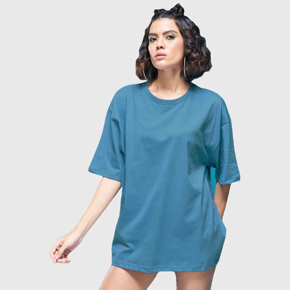 Smartees Women's Oversize Fit Printed T-shirt | Solid Airforce - L