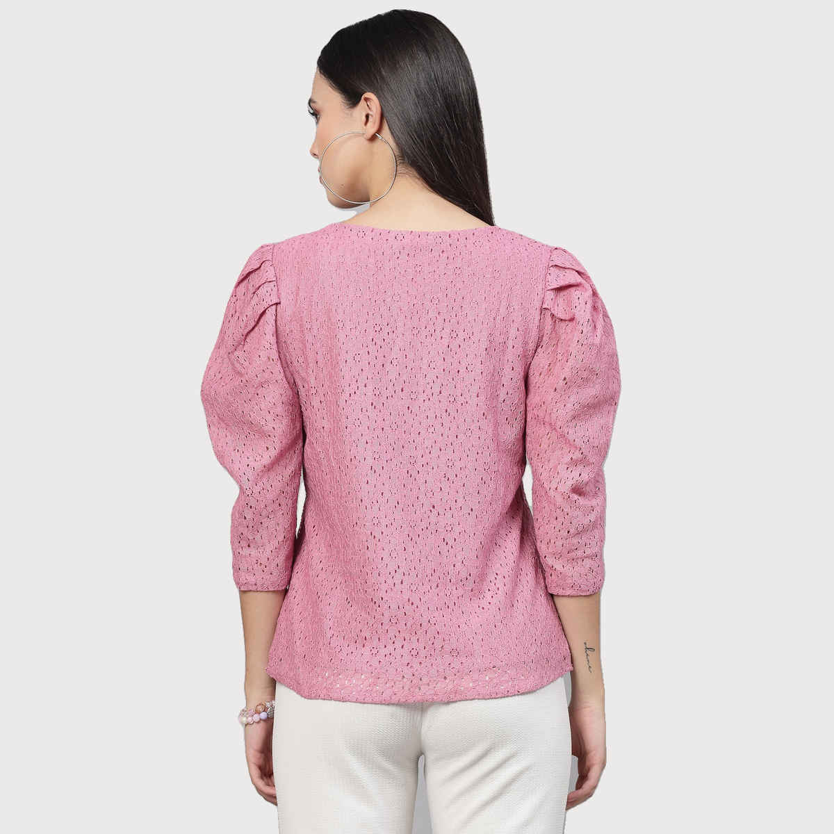 Style Quotient Women Pink Self Design Floral Lace Regular Casual Top | L | AW23SQARNI - Pink
