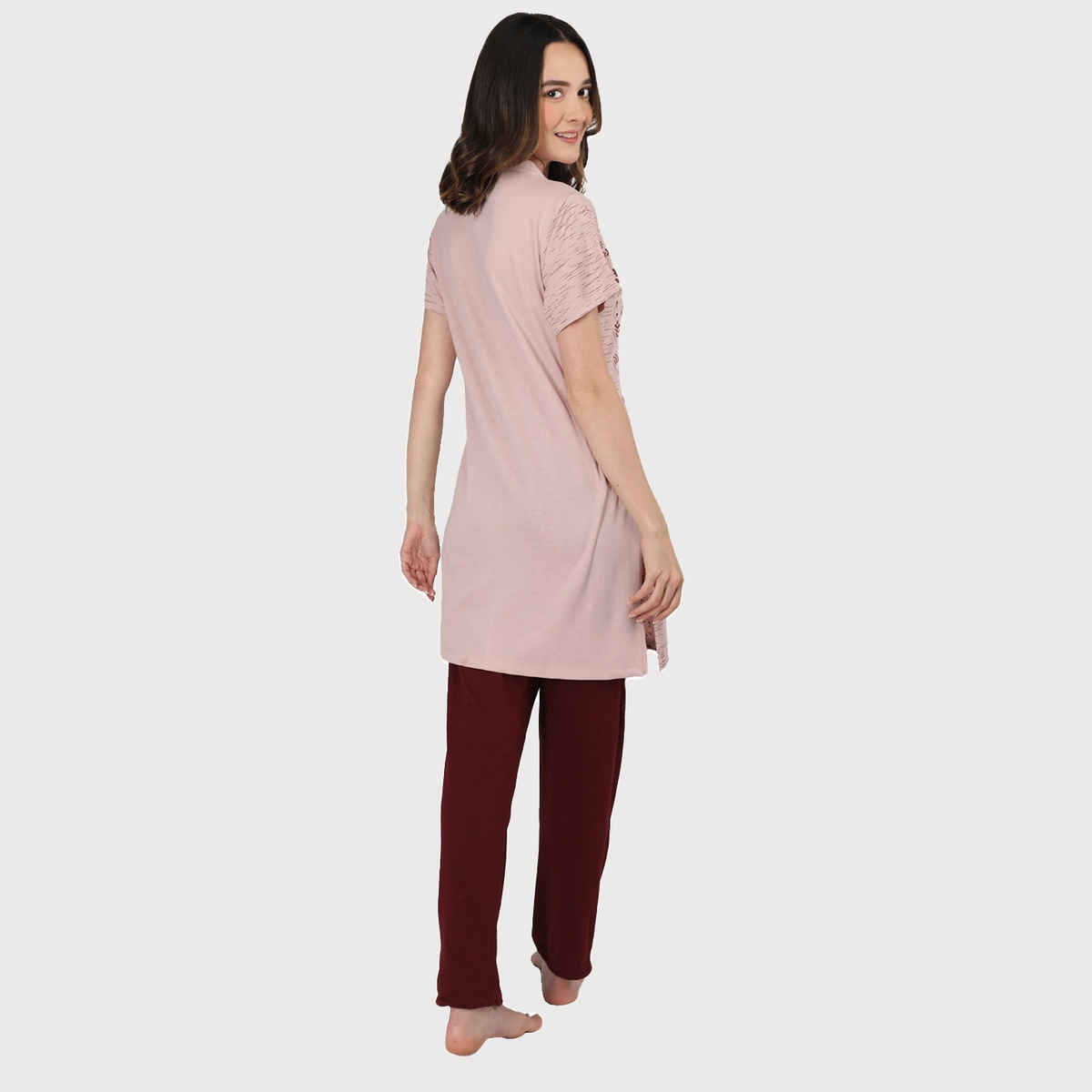 Duchess Women s Cotton Regular Fit Printed Embroided Long Length Night Suit Set | Mouse-Maroon | L
