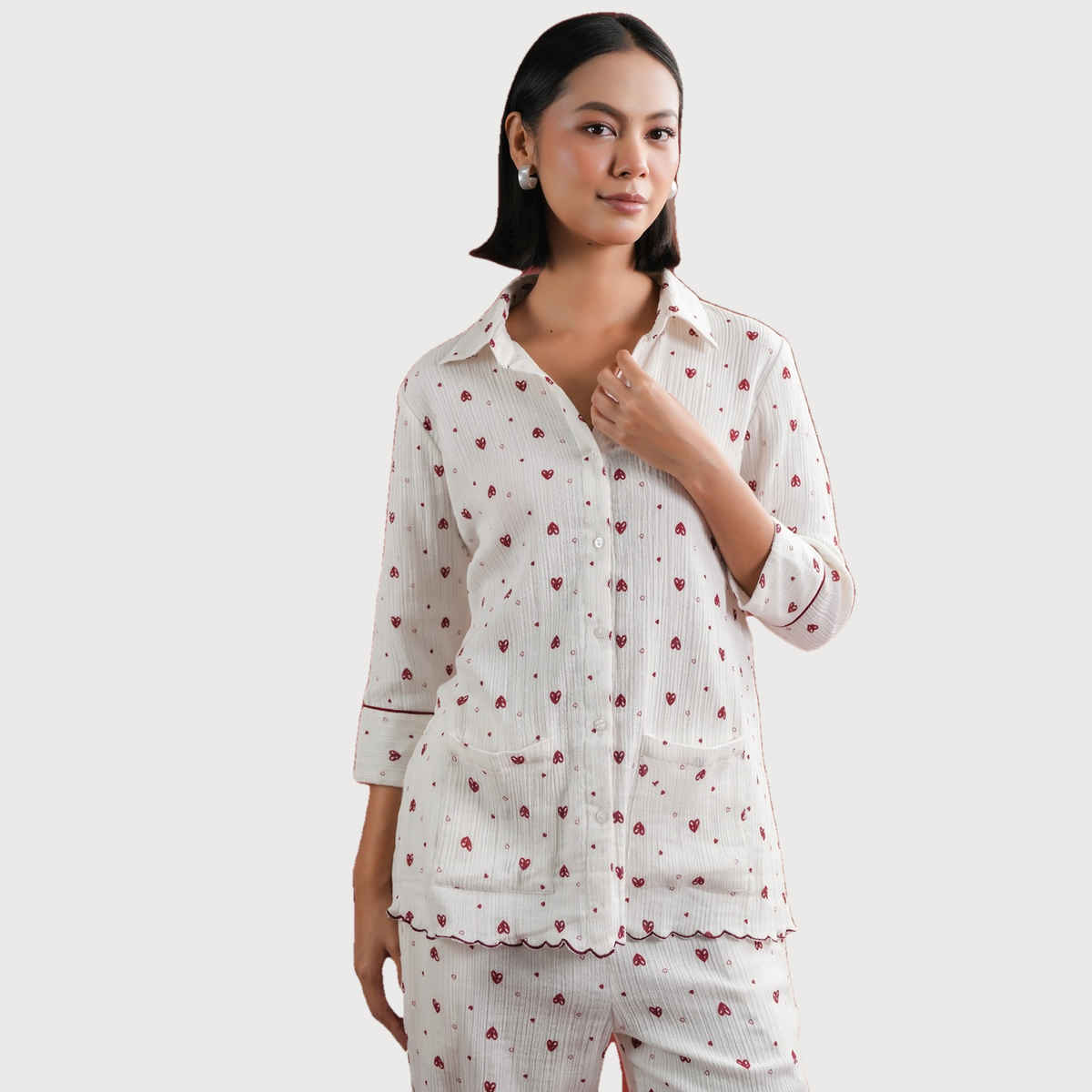 Sanskruti Homes Women's Valentine Special White Heart Printed Cotton Night Suit Set | Se-nsp-844 | S
