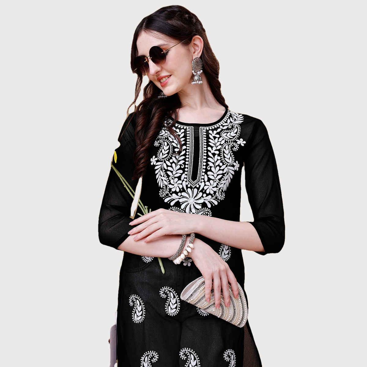 Youthnic Women Chikan Embroidery Short Kurti | B53 - Jini Black | M