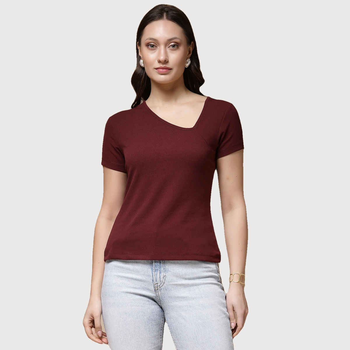 Freehand Women | Fitted Solid Casual Crop Top | Burgundy | L
