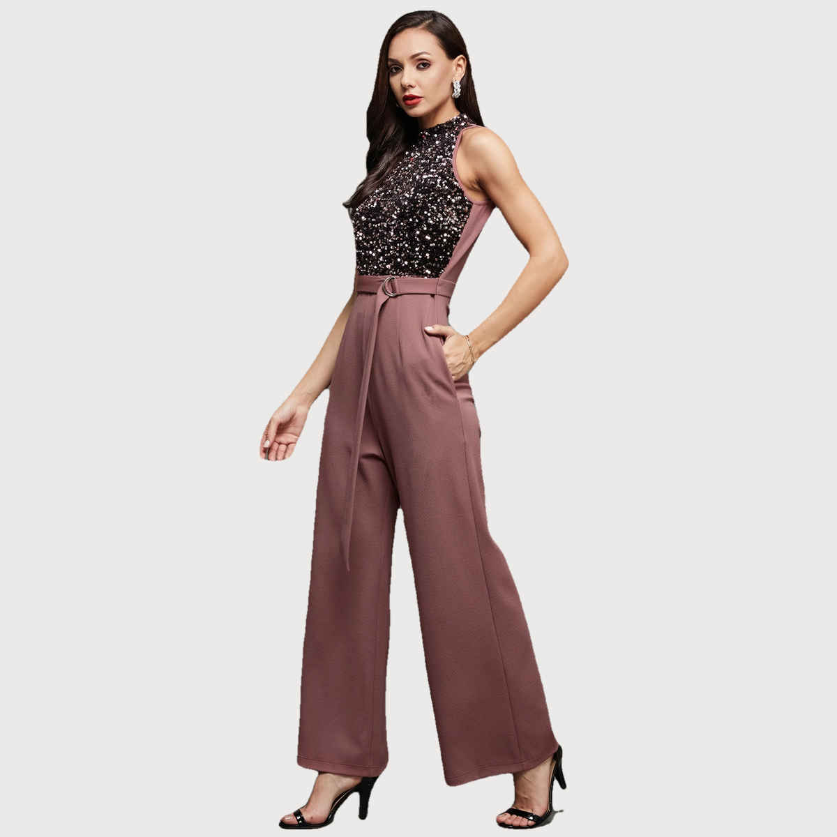 Miss Chase Women Sleeveless Embellished Halter Neck Regular Jumpsuit | Mauve | XL
