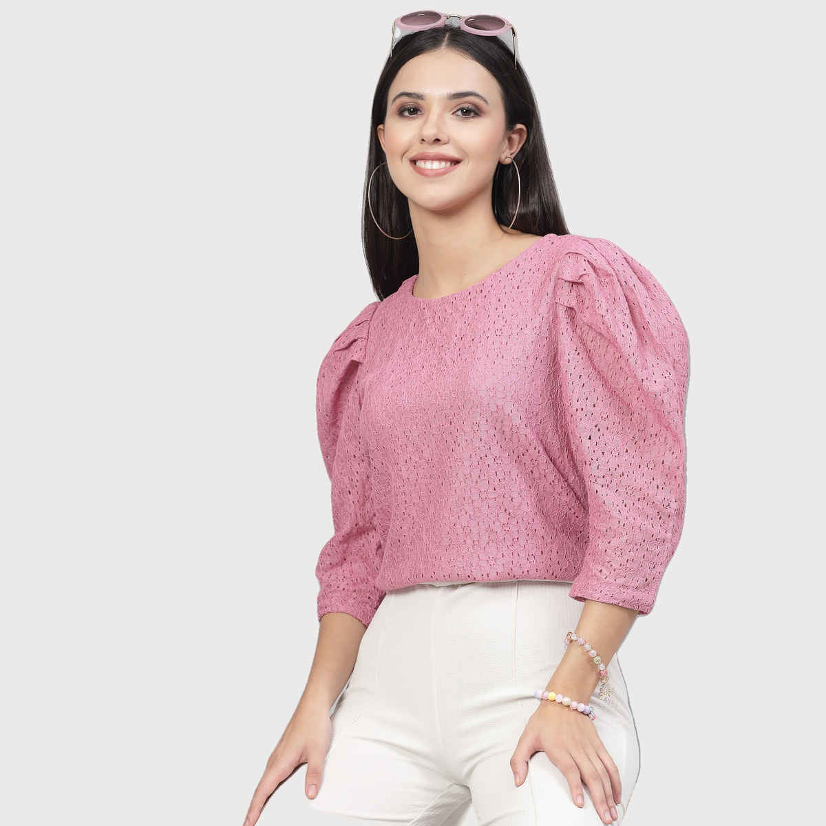 Style Quotient Women Pink Self Design Floral Lace Regular Casual Top | L | AW23SQARNI - Pink