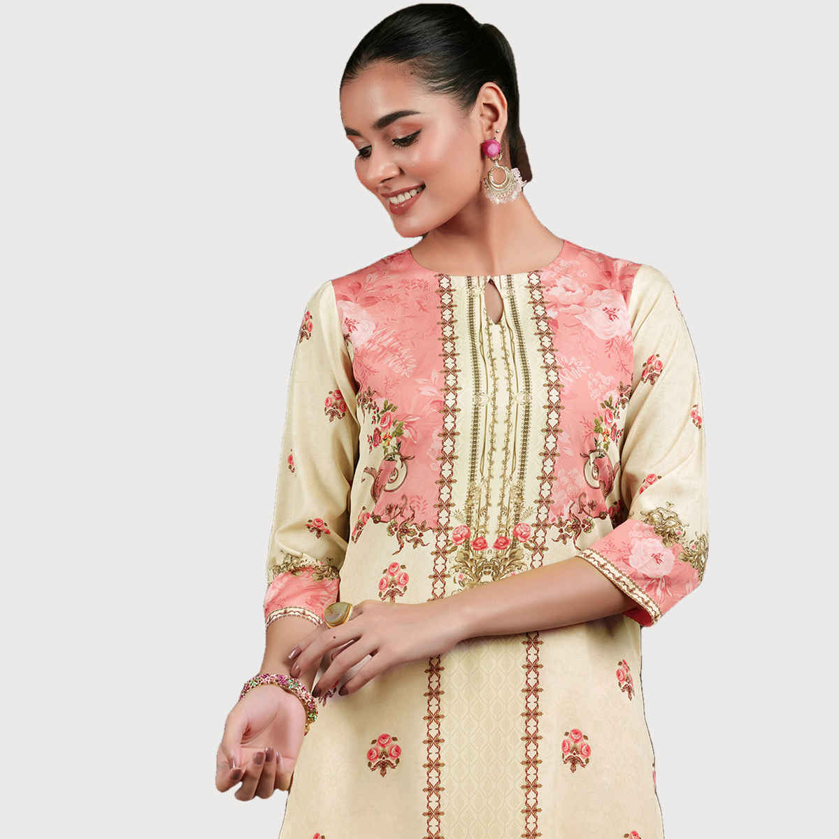 Libas Women's Printed Poly Crepe Straight Suit with Dupatta | Beige - S