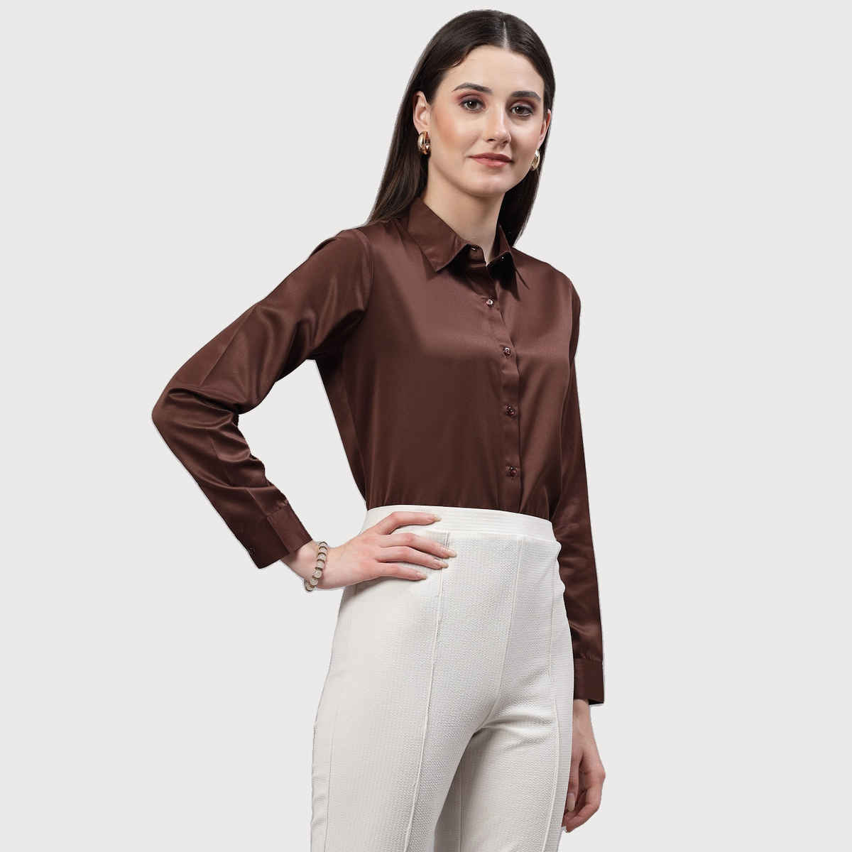 Style Quotient Women Brown Satin Regular Casual Shirt | M | AW23SQARTHASAT - Brown