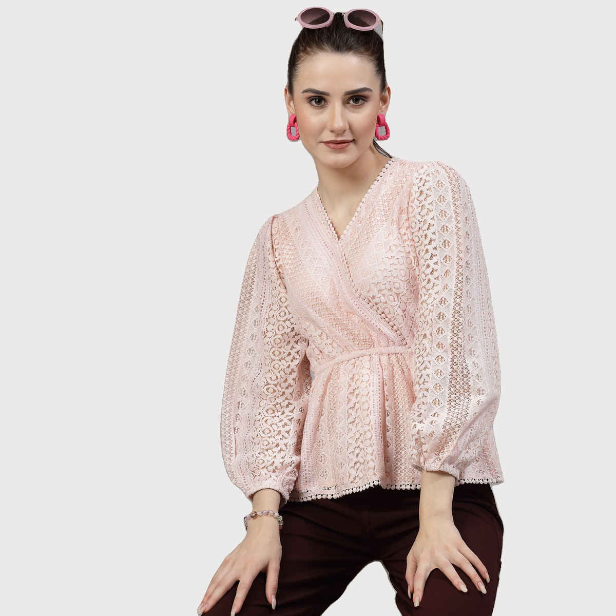 Style Quotient Women Peach Lace Casual Top | L | SS23SQLACEY - Peach