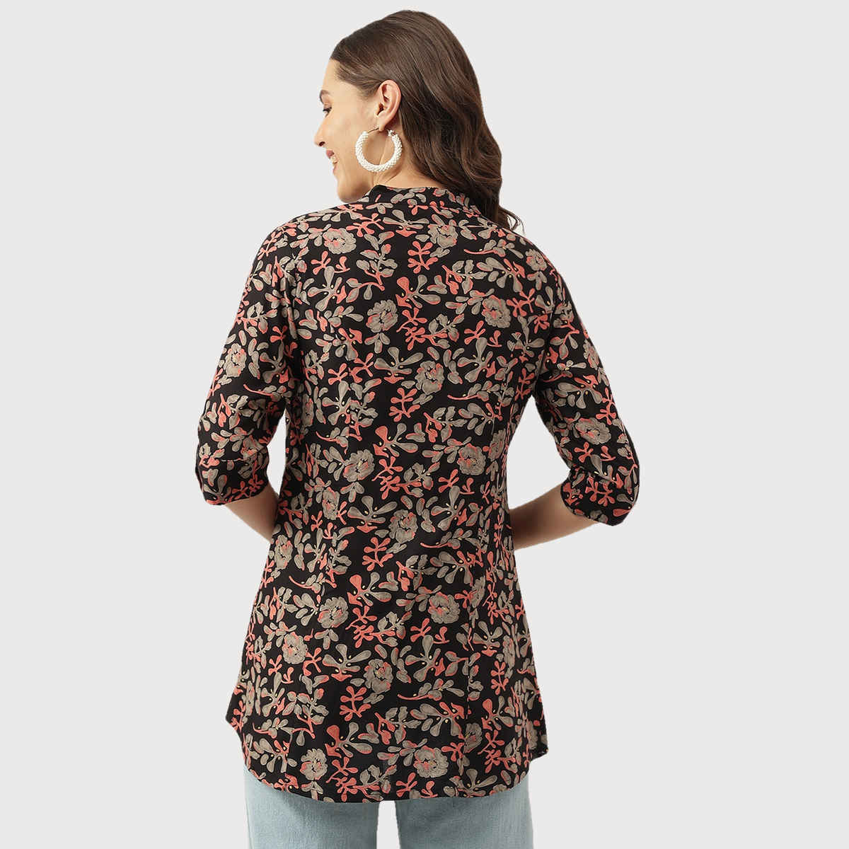 Divena Women's Floral Printed Rayon Shirt Style Top | DK1018 | Black - S