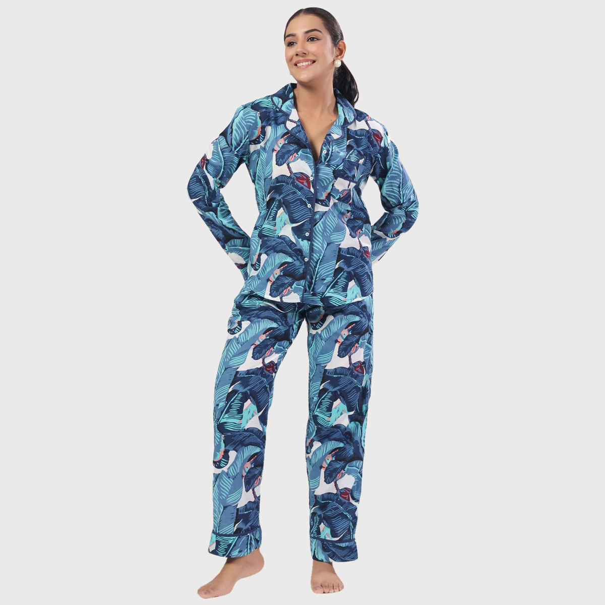 Sanskrutihomes Women Tropical Printed Pure Cotton Blue Night Suit SE-NSP-565 | M