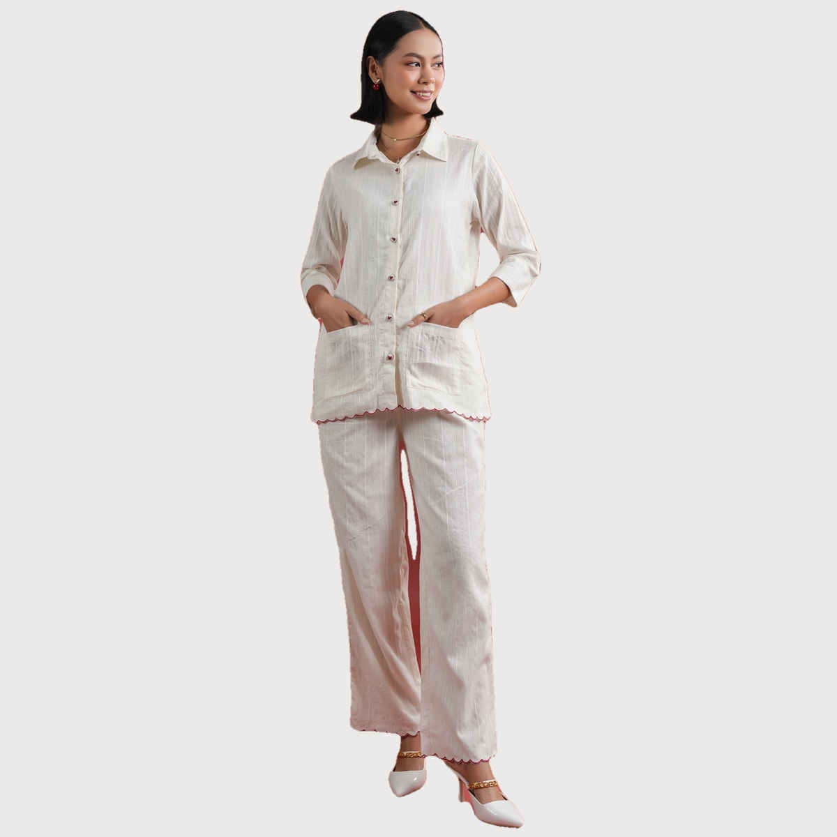 Sanskruti Homes Women's White Solid Print Cotton Night Suit Set | Se-nsp-861 | M