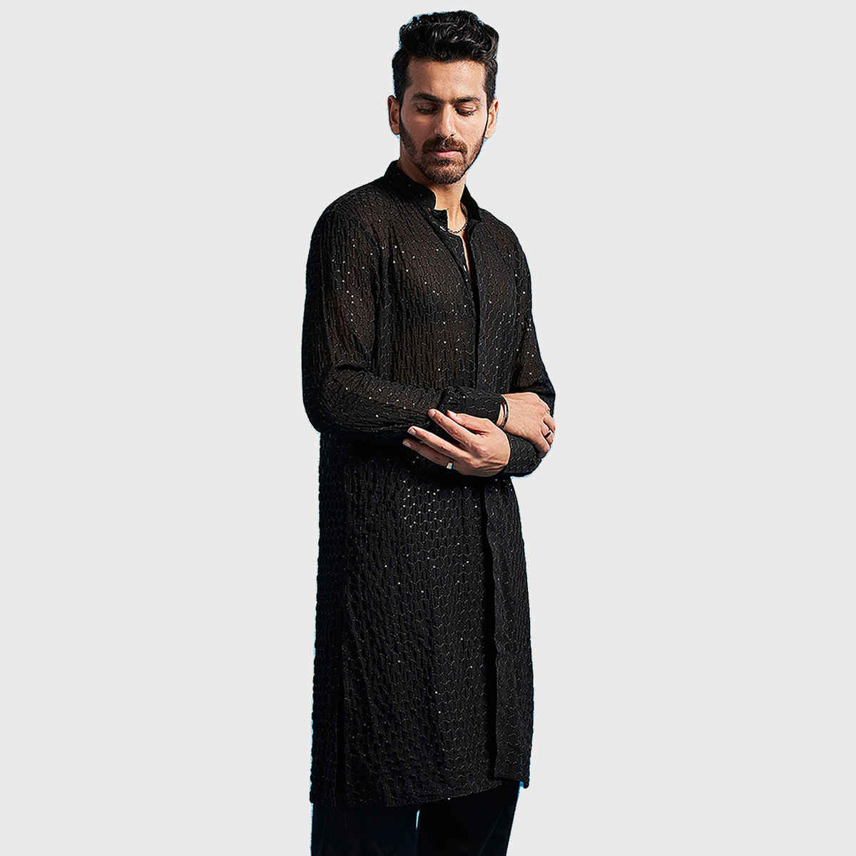 Vastramay Men's Georgette Kurta | Black - M
