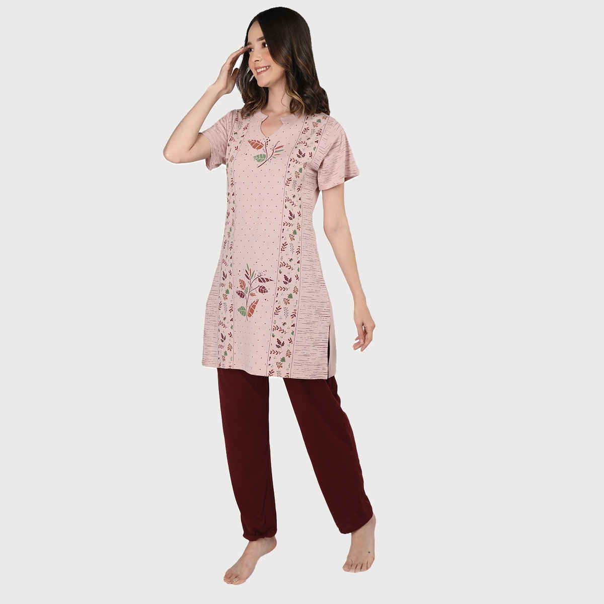 Duchess Women s Cotton Regular Fit Printed Embroided Long Length Night Suit Set | Mouse-Maroon | L
