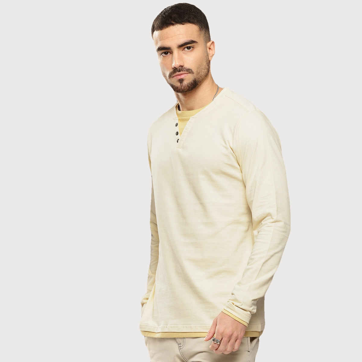Dillinger Men's Long Sleeve Airtex Fabric Round & V Neck T-shirt | White - 2XL