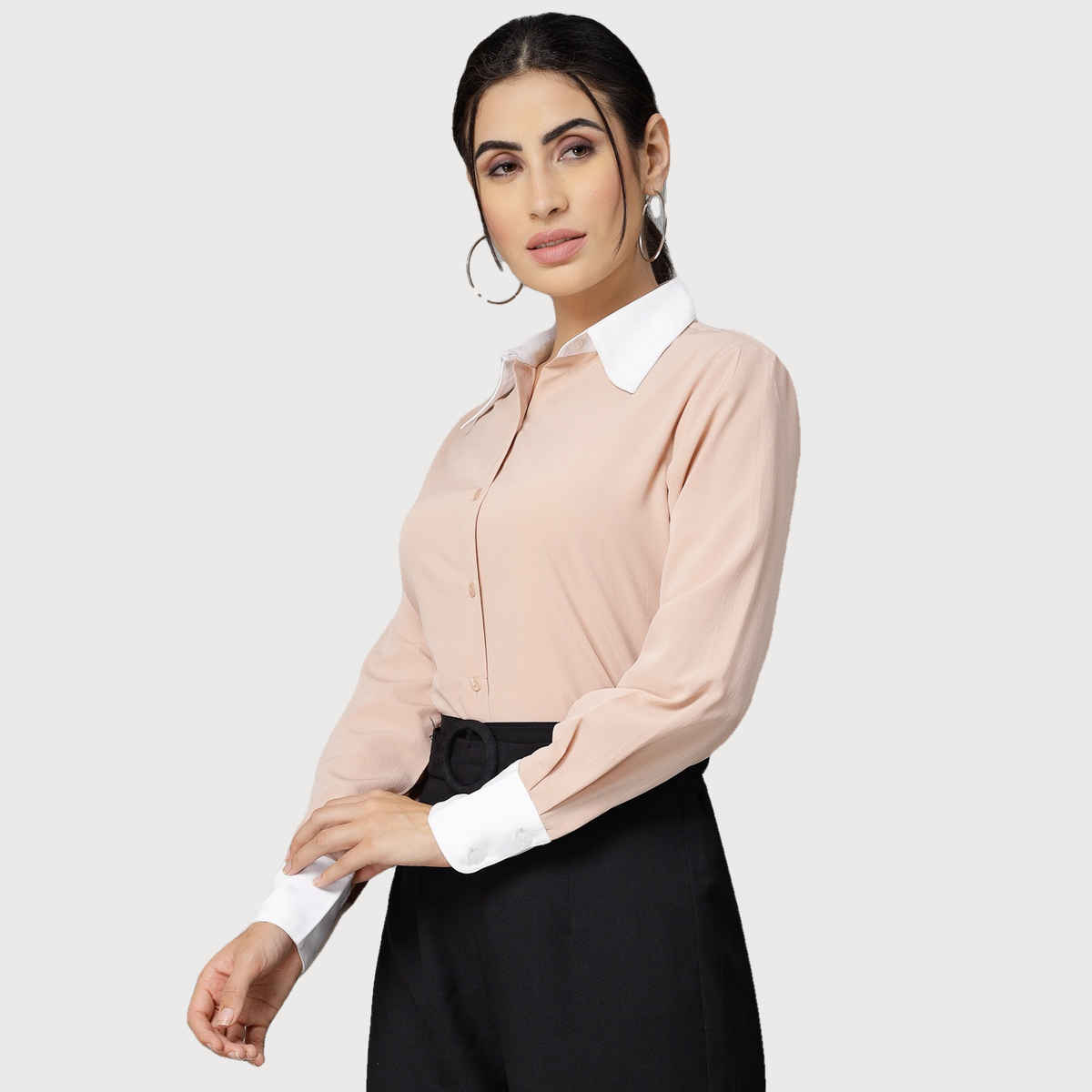 Style Quotients Women Nude Pink and White Polyester Casual Shirt | S | SS23SQDIVYA - Nude White