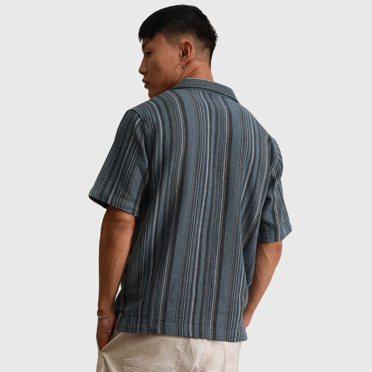 Hubberholme Men's Relaxed Vertical Striped Resort Collar Crochet Cotton Shirt | Multicolor - 42