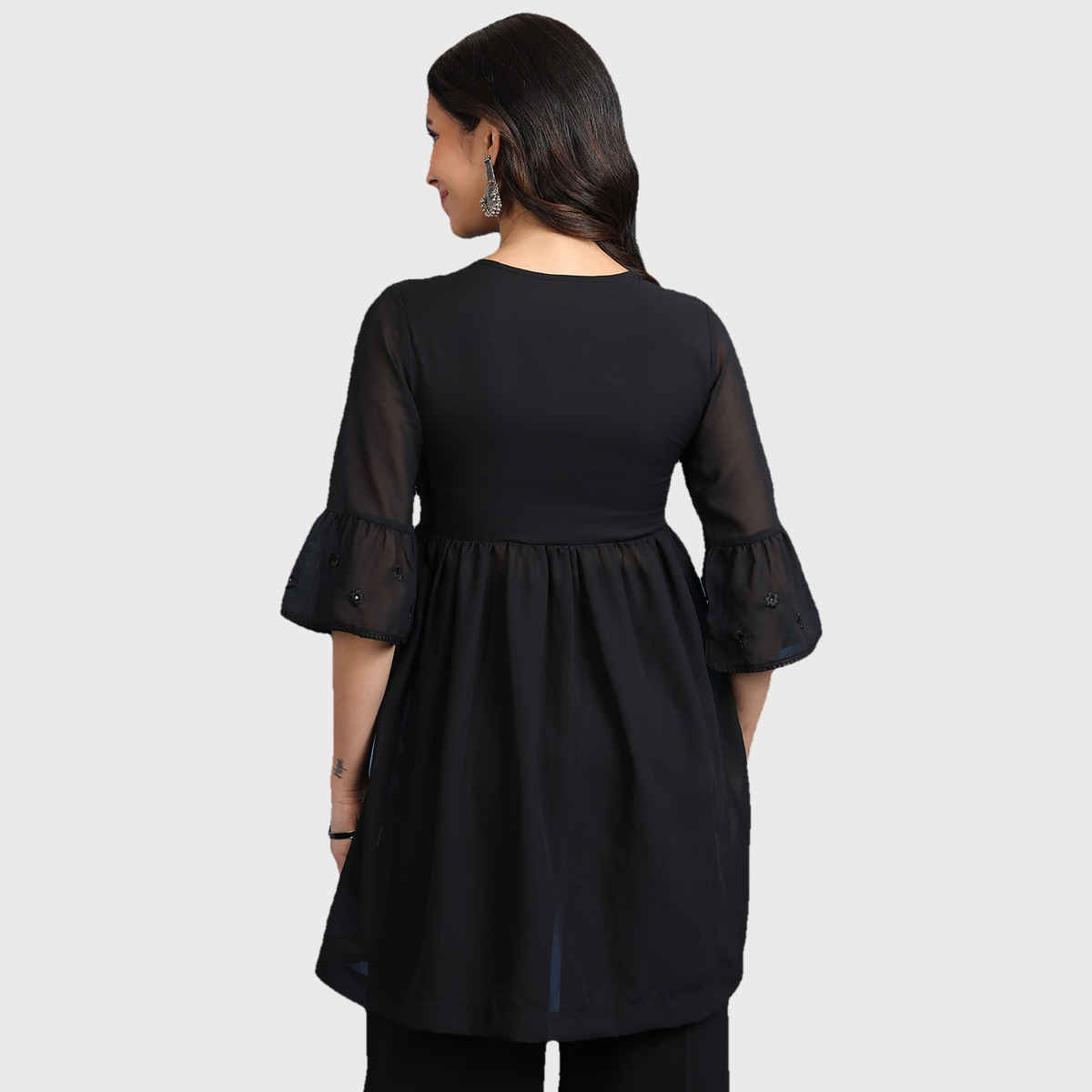 Ketch Women's Floral Embroidered Sequinned A-Line Angrakha Kurti | Black | L