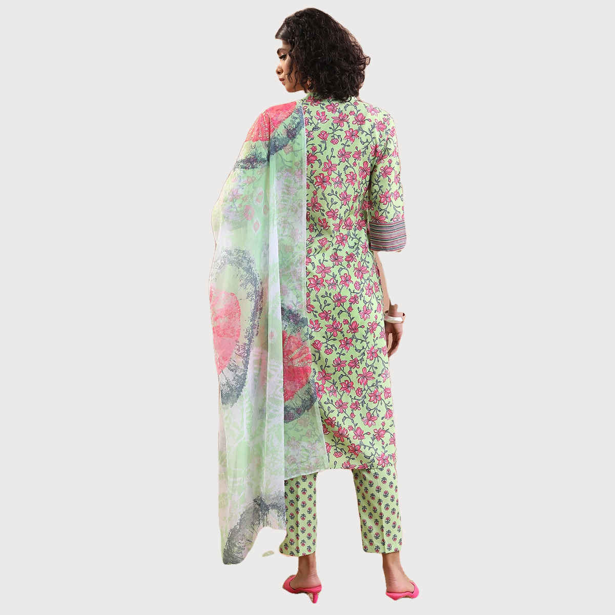 Ketch Women's Floral Printed Regular Kurta With Trousers Dupatta | Green | S