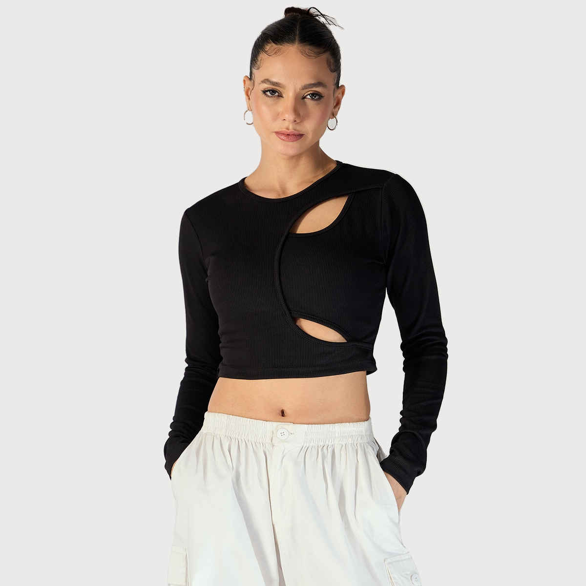 Uptownie Women's Stretchable Ribbed Top with Front Cut Outs | 120018653 | Black - L