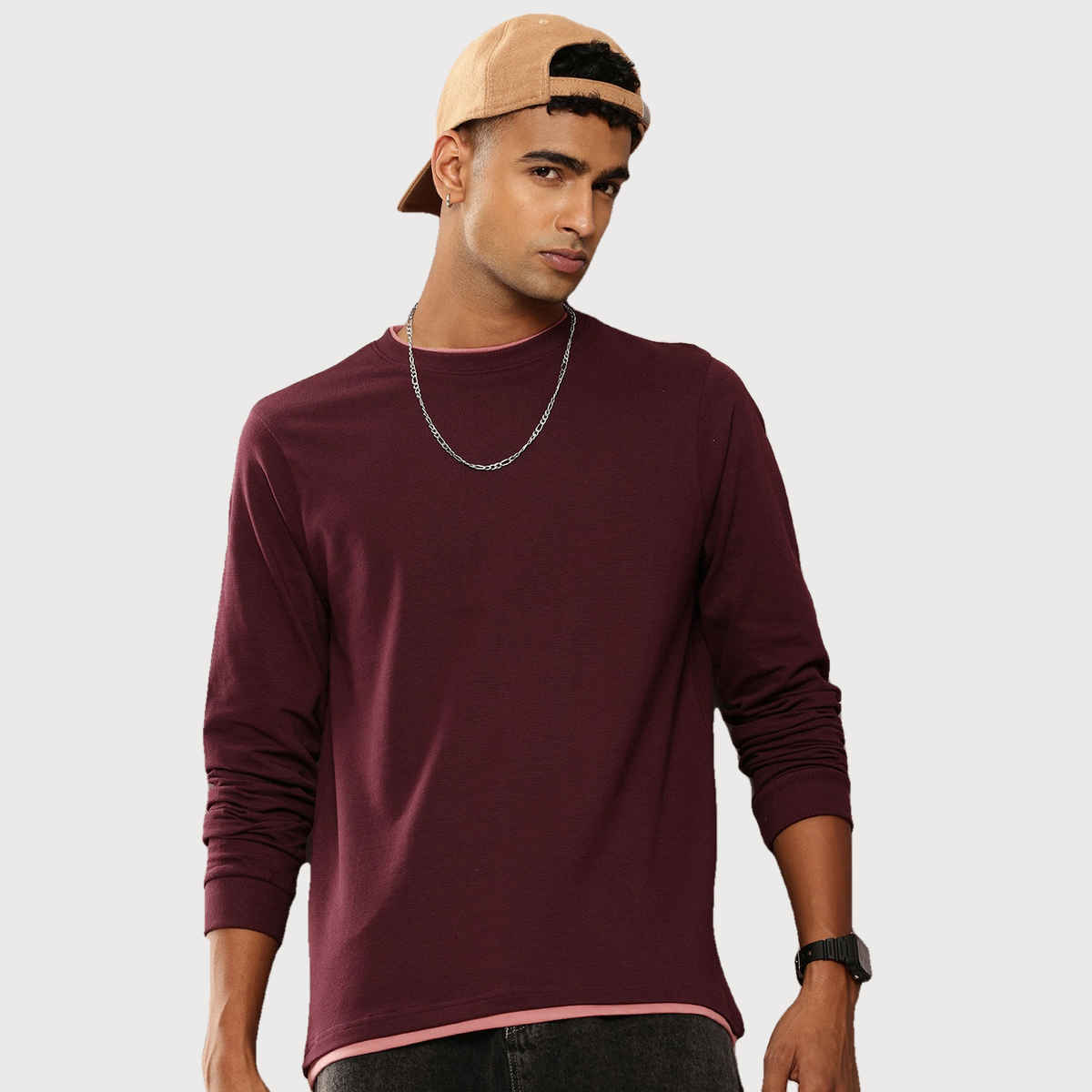 Dillinger Men's T-shirt Long Sleeve Airtex Fabric Crew Neck Regular Fit | Burgundy - M